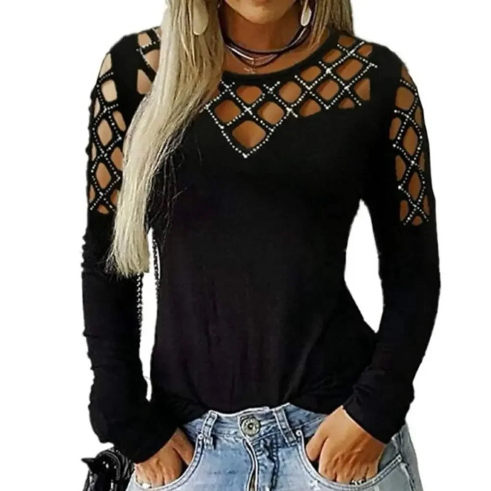 NEW Black Lattice Cutout Long Sleeve Top Edgy Chic Stretchy Crisscross Small - Picture 1 of 13